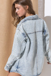 Women's Loose Fit Sparkle Stone Stripe Denim Jacket