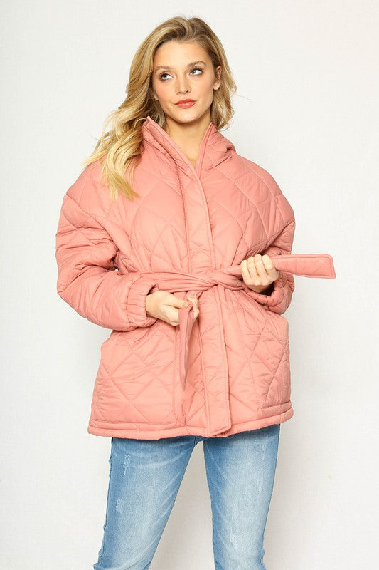 Women's Hoodie Puffer Jacket with Self Tie Belt