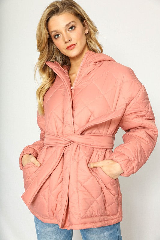 Women's Hoodie Puffer Jacket with Self Tie Belt