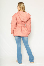 Women's Hoodie Puffer Jacket with Self Tie Belt