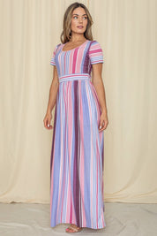 Short Sleeve Mix Stripe Maxi Dress