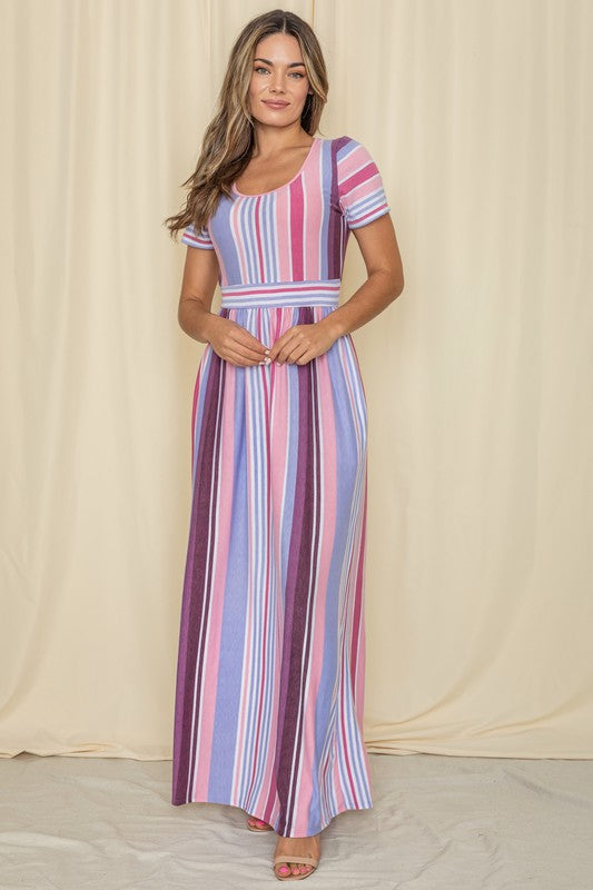 Short Sleeve Mix Stripe Maxi Dress