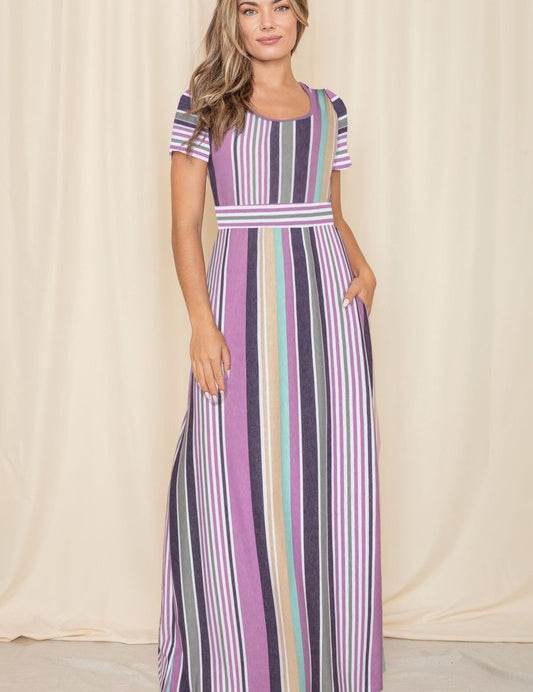 Short Sleeve Mix Stripe Maxi Dress