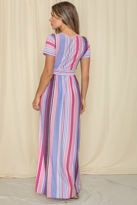 Short Sleeve Mix Stripe Maxi Dress