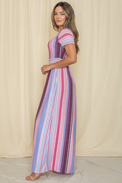 Short Sleeve Mix Stripe Maxi Dress