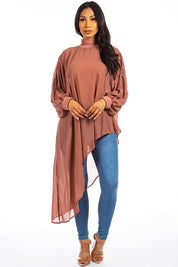 Women's Sexy Chiffon Long Sleeve High Neck Irregular Cut Top