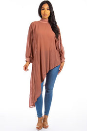 Women's Sexy Chiffon Long Sleeve High Neck Irregular Cut Top