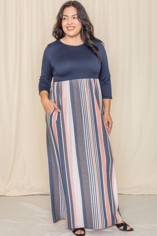 Women's Plus Stripe Quarter Sleeve Maxi Dress