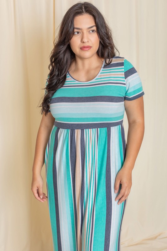 Plus Size Stripe Short Sleeve Maxi Dress