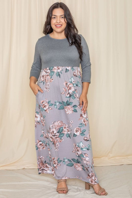 Women's Plus Quarter Sleeve Floral Maxi Dress