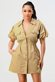 Women's Trendy Safari Mini Dress with Elastic Waist