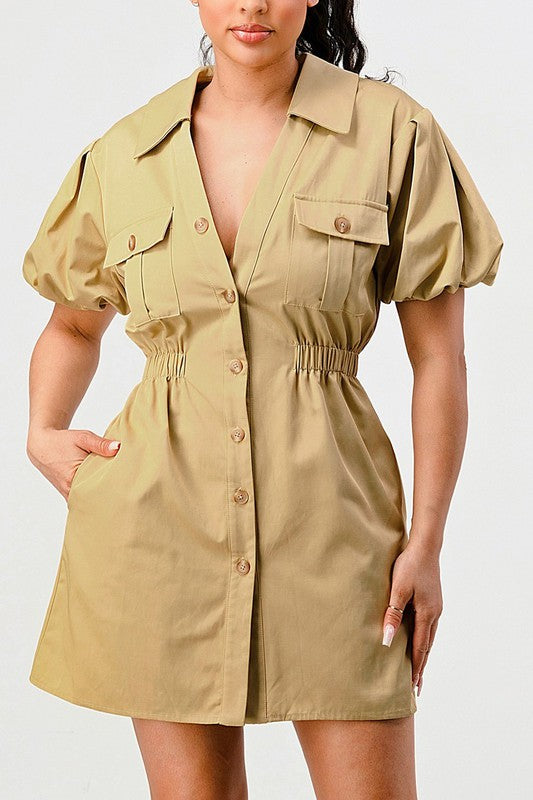 Women's Trendy Safari Mini Dress with Elastic Waist