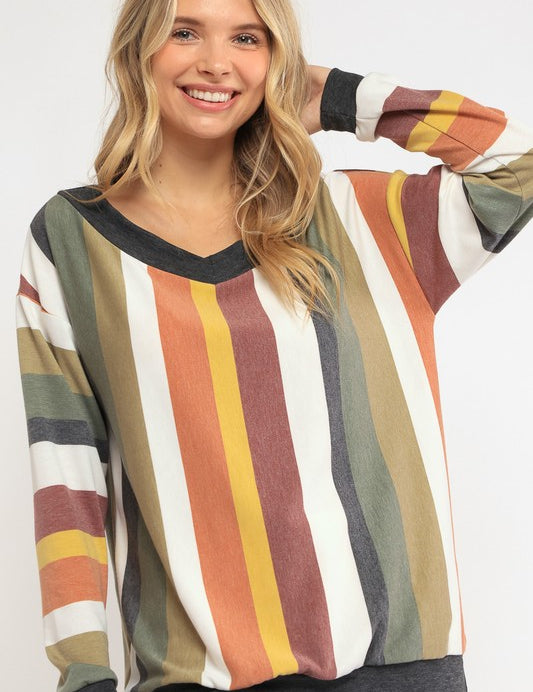 Women's Loose Fit Wide V Neck Stripe Sweatshirt