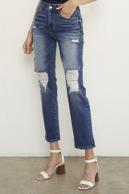 Women's Mid Rise Boyfriend Jeans in Dark Wash Denim