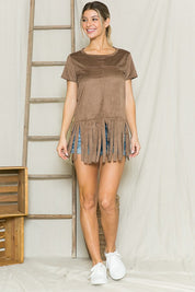 Women's Bohemian Micro Suede Fringe Top