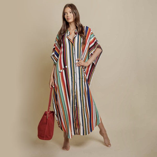 Women's Oversized Striped Maxi Dress with Pockets