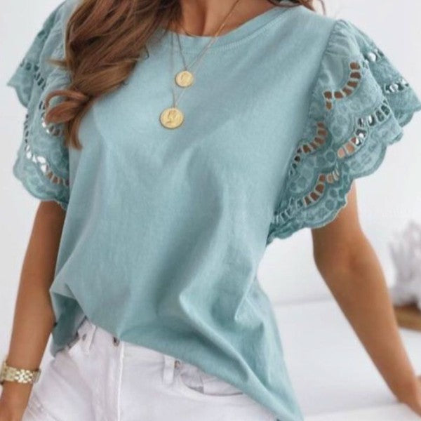 Women's Lace Sleeve Cotton-Blend Knit Top