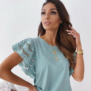 Women's Lace Sleeve Cotton-Blend Knit Top