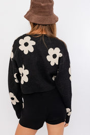 Women's Long Sleeve Crop Sweater with Daisy Pattern