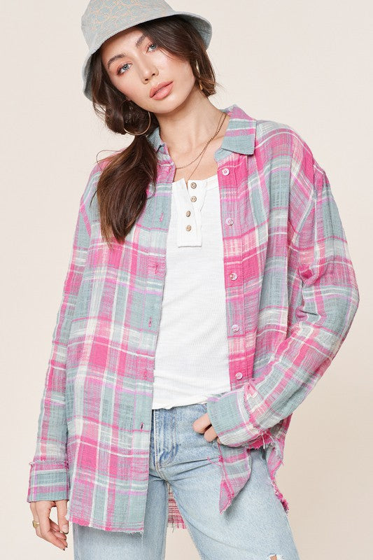 Women's Relaxed Fit Button Down Plaid Shirt