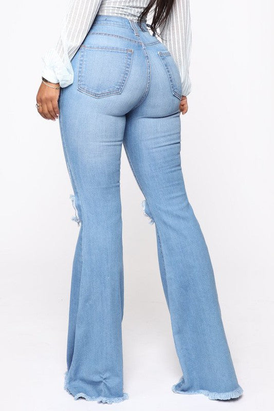 Women's High Rise Flare Jeans with Knee Rips in Medium Wash