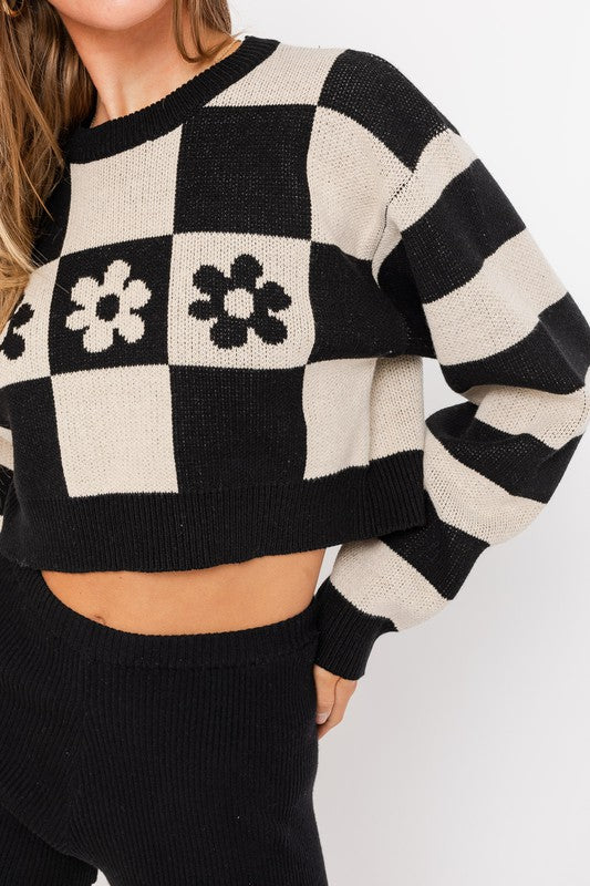 Women's Cozy Long Sleeve Cropped Checker Sweater