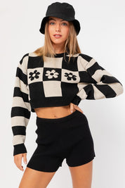 Women's Cozy Long Sleeve Cropped Checker Sweater