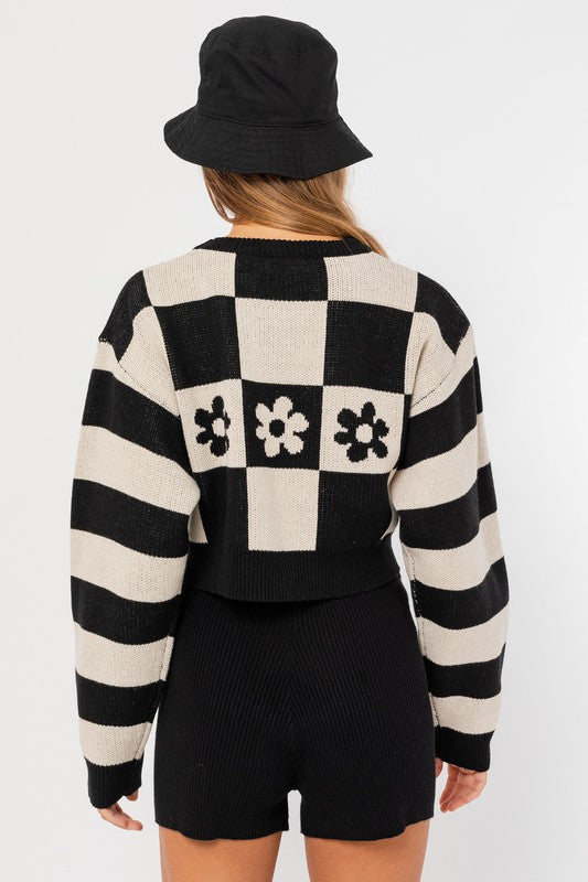 Women's Cozy Long Sleeve Cropped Checker Sweater