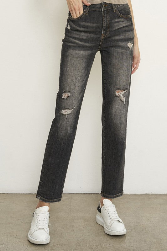 Women's High Rise Girlfriend Jeans in Dark Grey Wash