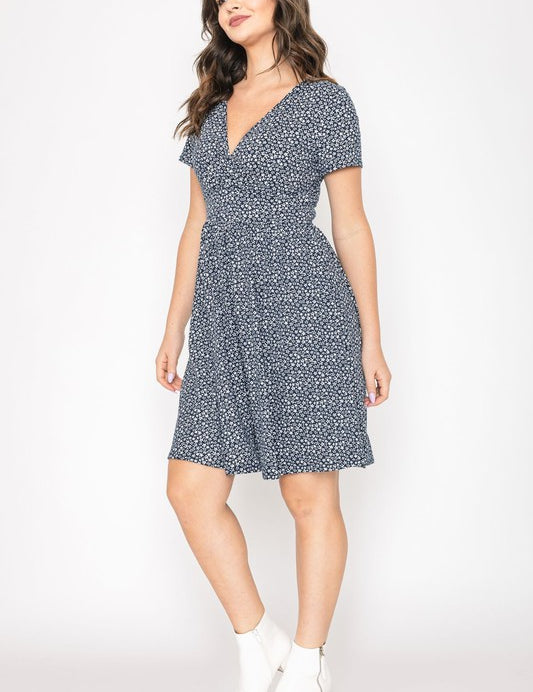 Ditsy Surplice Fit and Flare Midi Dress