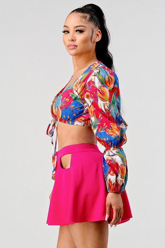 Athina crop printed top and cutout short set