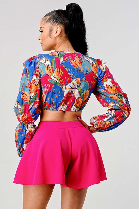 Women's Tropical Print Crop Top and High-Waisted Skirt Set