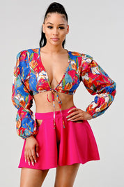 Women's Tropical Print Crop Top and High-Waisted Skirt Set