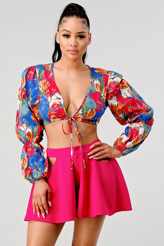 Athina crop printed top and cutout short set