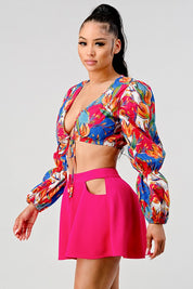 Athina crop printed top and cutout short set