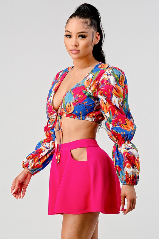 Athina crop printed top and cutout short set