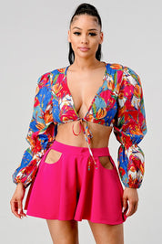 Women's Tropical Print Crop Top and High-Waisted Skirt Set