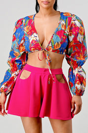 Athina crop printed top and cutout short set