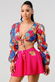 Athina crop printed top and cutout short set