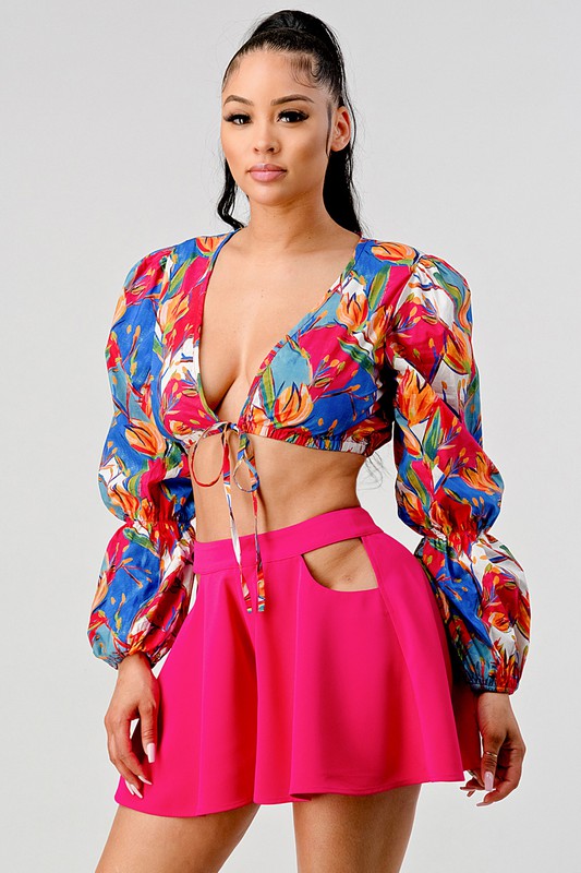 Women's Tropical Print Crop Top and High-Waisted Skirt Set