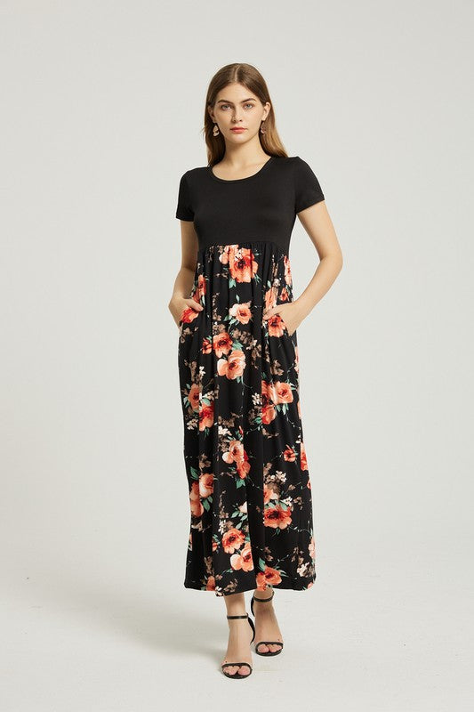 Women's Casual Floral A-Line Maxi Dress with Pockets