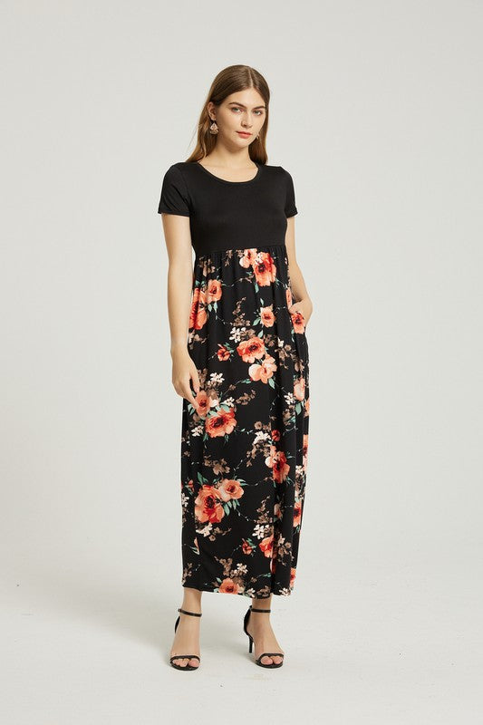 Women's Casual Floral A-Line Maxi Dress with Pockets