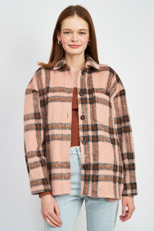 Women's Oversized Plaid Jacket with Fringe Detail