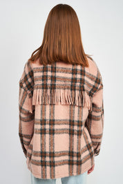 Women's Oversized Plaid Jacket with Fringe Detail