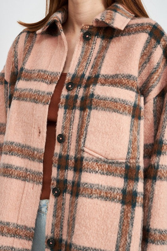 Women's Oversized Plaid Jacket with Fringe Detail