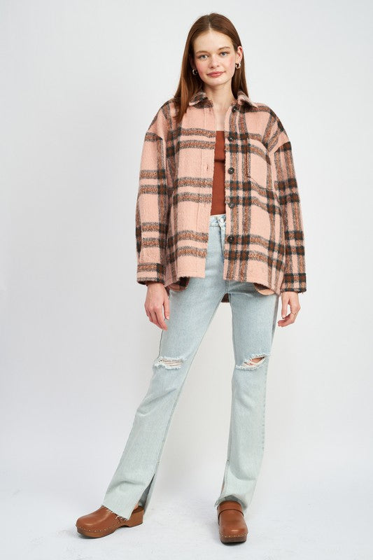 Women's Oversized Plaid Jacket with Fringe Detail