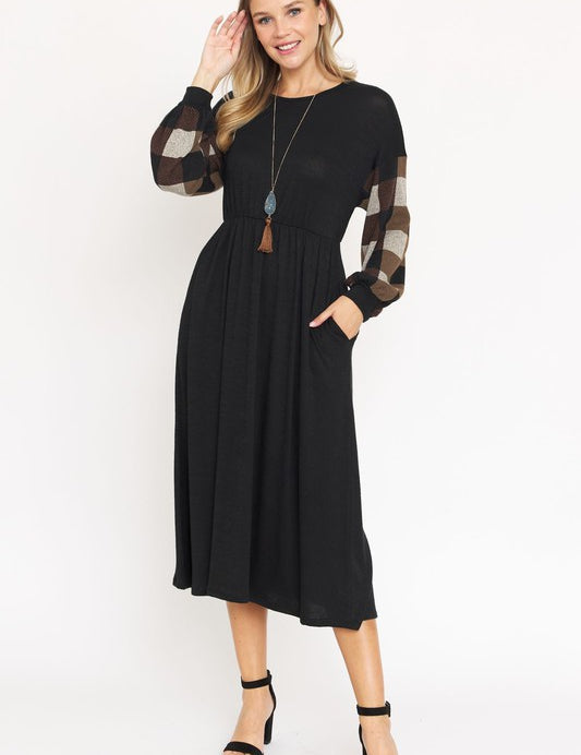 Women's Knit Bishop Sleeve Tea Length Dress