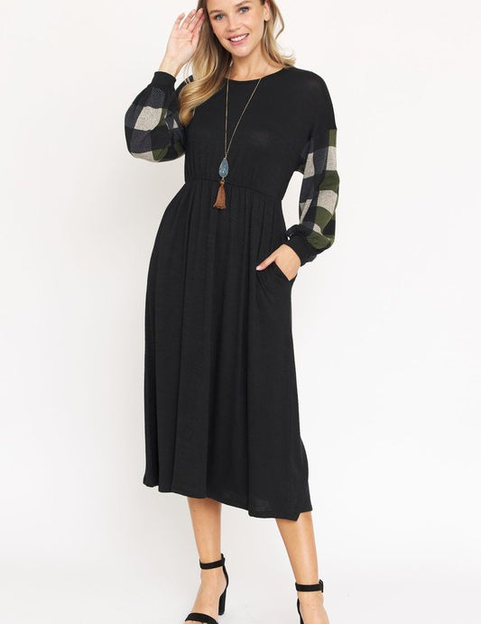 Women's Knit Bishop Sleeve Tea Length Dress