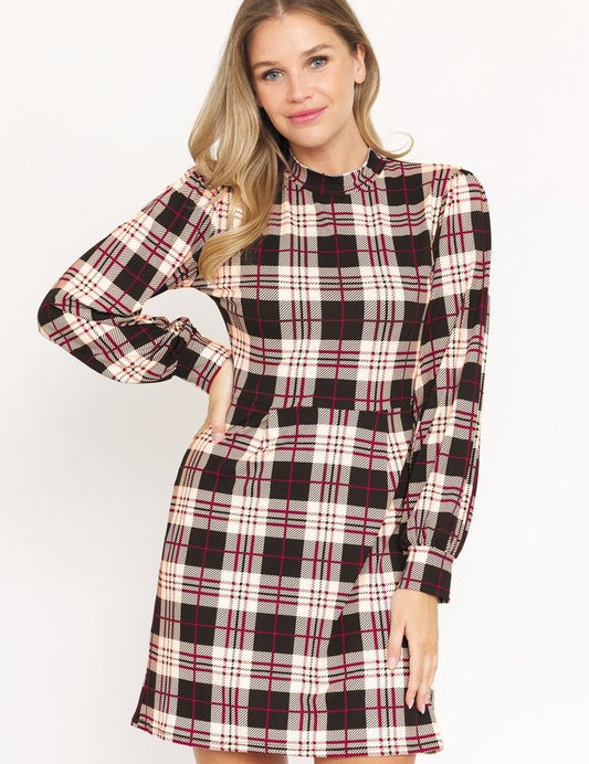 Women's High Neck Plaid Sheath Dress