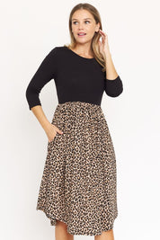 Women's Quarter Sleeve Leopard Print Midi Dress